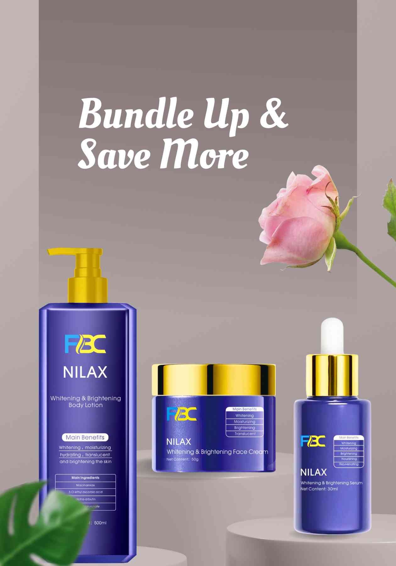 Nilax whitening and brightening skincare set – body lotion, serum and face cream